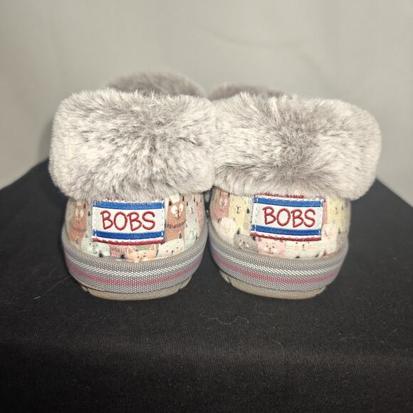 Bobs Skechers Women Size 6 Too Cozy Slippers Gray Plush Pastel Cats Print Winter - Picture 5 of 9